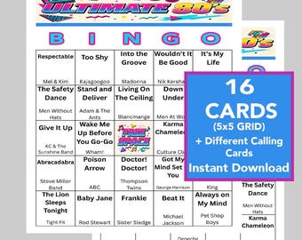 80's Music Hits Bingo Game, 16 Printable Cards (Digital Download), Music Playlist Included