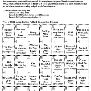 May include: A bingo card with a grid of 25 squares. Each square contains a song title or phrase, with the artist's name listed below. The squares are numbered 1 through 35. The card is titled "PB & J Bingo Instructions".