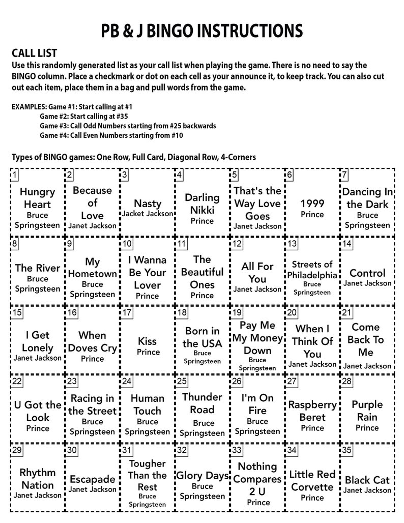 May include: A bingo card with a grid of 25 squares. Each square contains a song title or phrase, with the artist's name listed below. The squares are numbered 1 through 35. The card is titled "PB & J Bingo Instructions".