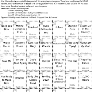 Op de afbeelding: Een instructieblad voor het Country Hits Bingo-spel met een oproeplijst en voorbeelden. De bingokaart bevat songtitels en artiestennamen, met instructies voor verschillende speltypen.