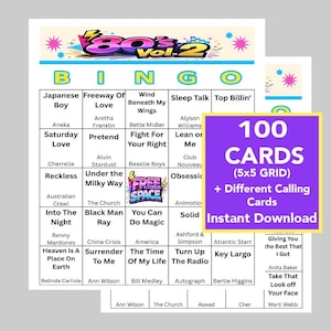 Puede incluir: Un juego de bingo con 100 cartas, una cuadr&iacute;cula de 5x5 y diferentes tarjetas de llamada. El tema son los a&ntilde;os 80, con t&iacute;tulos de canciones en las cartas. Descarga instant&aacute;nea.