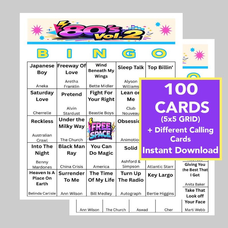 Puede incluir: Un juego de bingo con 100 cartas, una cuadr&iacute;cula de 5x5 y diferentes tarjetas de llamada. El tema son los a&ntilde;os 80, con t&iacute;tulos de canciones en las cartas. Descarga instant&aacute;nea.