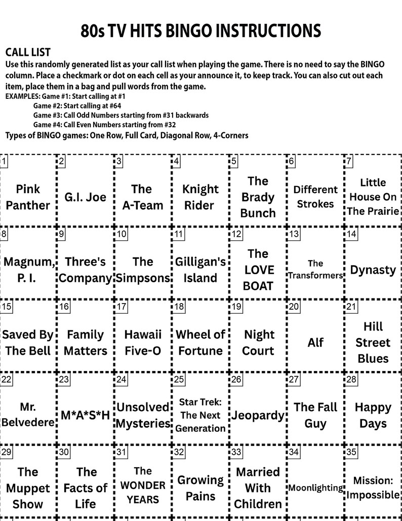 80's Music Hits Bingo Game, 60 Cards, Printable Party Game (Digital Download) image 3