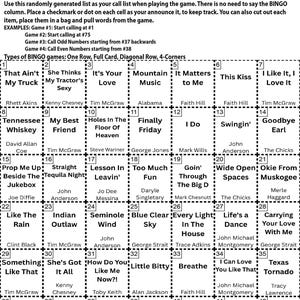 May include: A 90s Country Vol. 2 Bingo Instructions sheet with a call list and examples. The bingo card features song titles and artist names, including "That Ain't My Truck" and "Tennessee Whiskey."