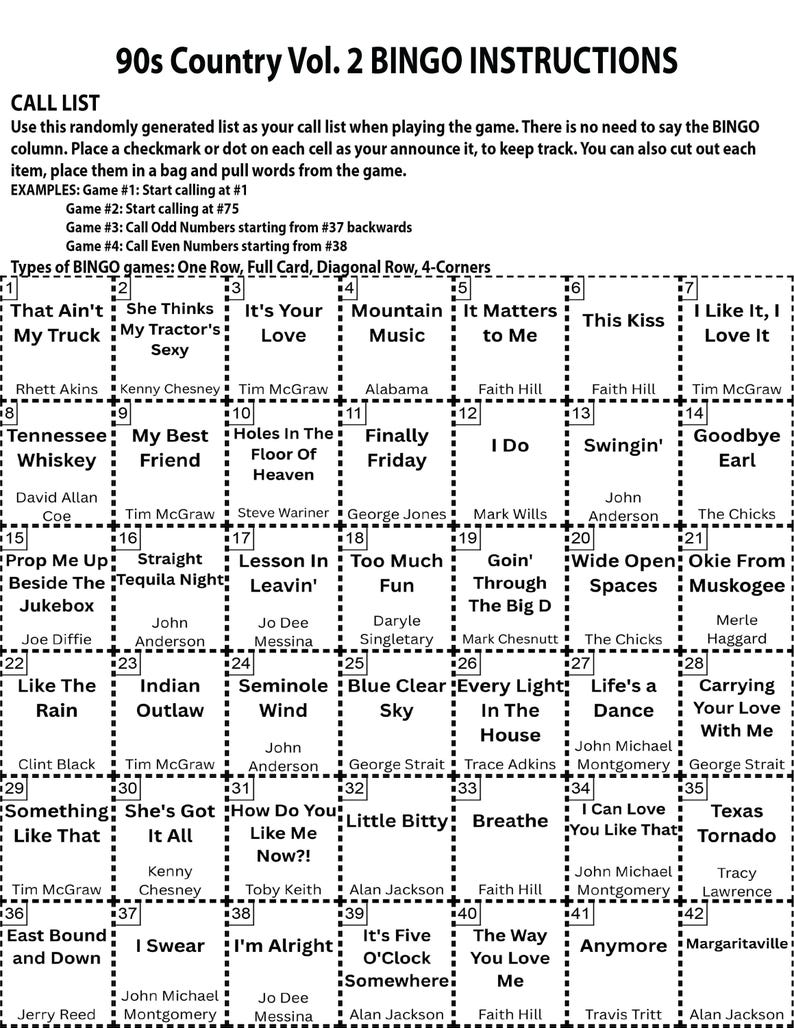 May include: A 90s Country Vol. 2 Bingo Instructions sheet with a call list and examples. The bingo card features song titles and artist names, including "That Ain't My Truck" and "Tennessee Whiskey."