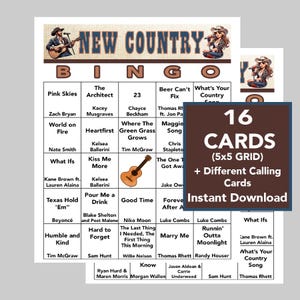Musique country, jeu de bingo à succès country, soirée musique country, téléchargement numérique, jeux de bingo, 16 cartes de bingo différentes, liste de lecture Spotify