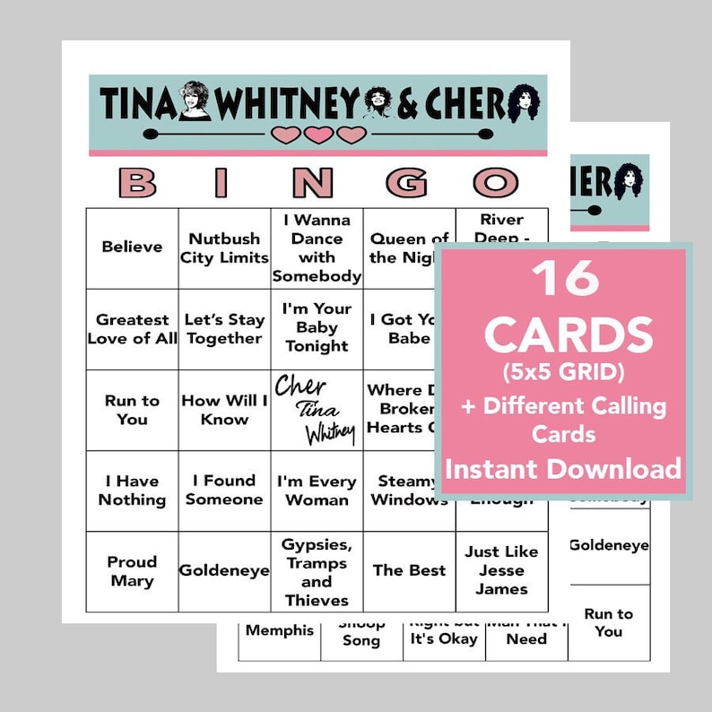 May include: A pink and white printable bingo card set featuring the names Tina Whitney and Cher. The card set includes 16 cards with a 5x5 grid and different calling cards. The text "16 Cards (5x5 Grid) + Different Calling Cards Instant Download" is printed on the card set.