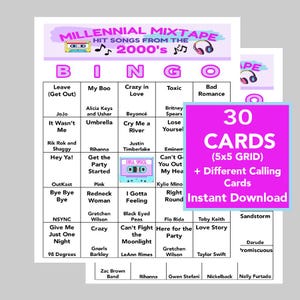 2000&#39;s Music, 2000&#39;s Music Bingo, Instant Digital Download, Spotify Playlist Included, 70 Different Songs, 30 Unique Bingo cards