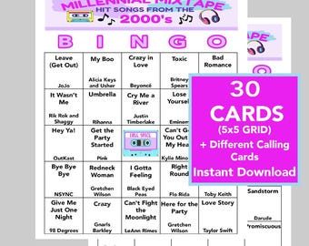 Música de los 2000, Bingo musical de los 2000, Descarga digital instantánea, Lista de reproducción de Spotify incluida, 70 canciones diferentes, 30 tarjetas de bingo únicas