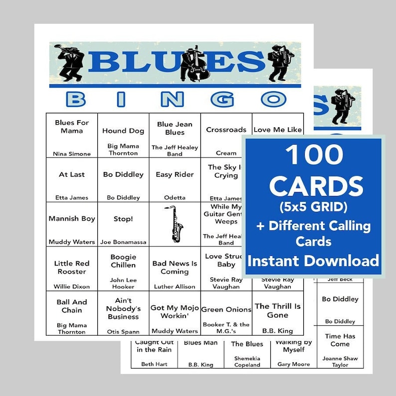 Pu&ograve; includere: Una scheda di bingo blu e bianca con il titolo "BLUES BINGO" e un elenco di musicisti blues in ogni casella. La scheda fa parte di un set di 100 schede, disponibili per il download immediato.