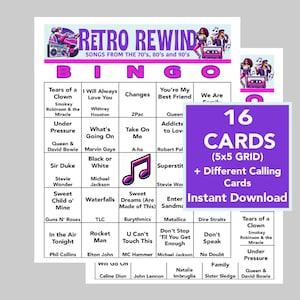 Anos 70, 80, 90, Música, Aniversário musical, Retrô, Bingo musical, Download digital instantâneo, 16 cartelas de bingo diferentes, Lista de reprodução do Spotify, 75 músicas