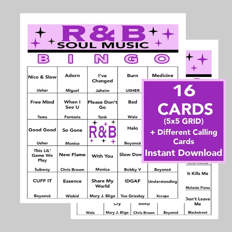 May include: A purple and white bingo card with the title "R&B Soul Music Bingo". The card has 25 squares with song titles and artist names related to R&B music. The card is part of a set of 16 cards, with a description that says "16 Cards (5x5 Grid) + Different Calling Cards Instant Download".