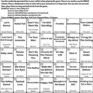 May include: An Ultimate 80's Bingo Instructions sheet with a grid of song titles and artist names. The text includes instructions for playing the game and examples of bingo game types.