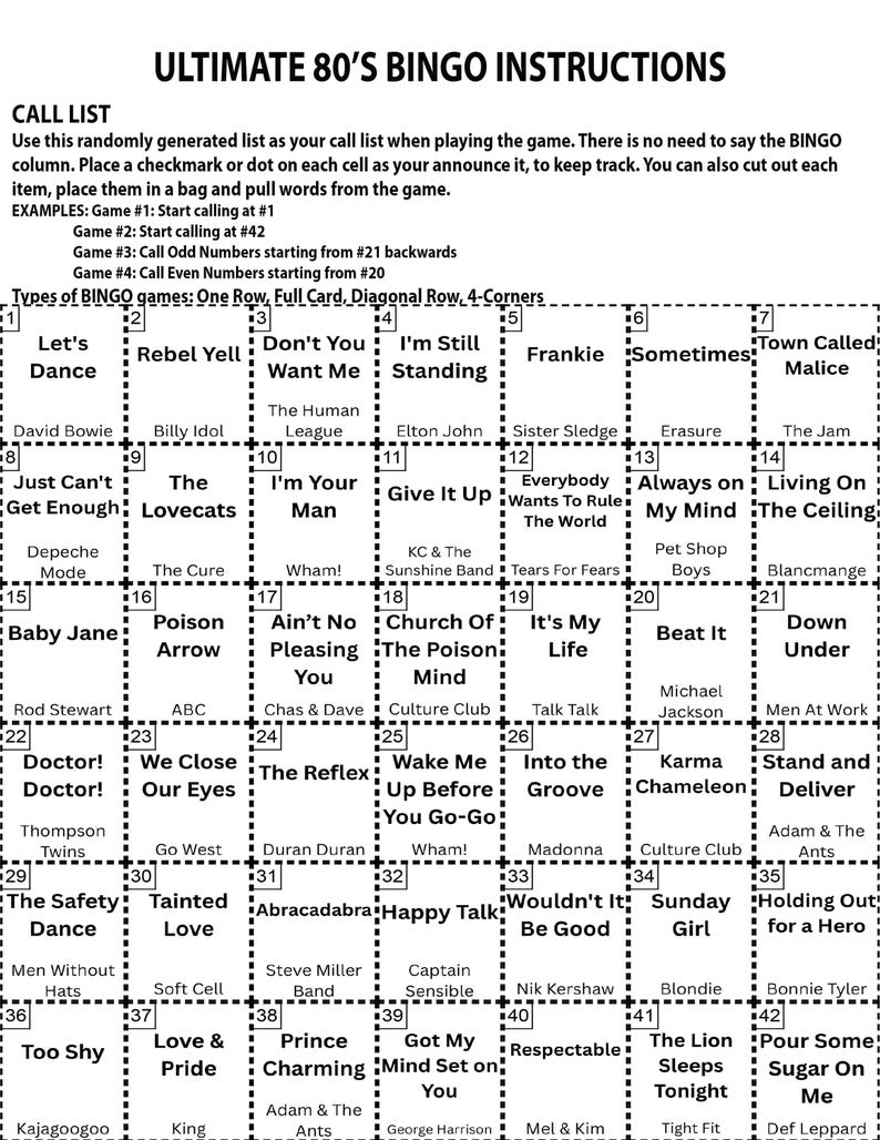 May include: An Ultimate 80's Bingo Instructions sheet with a grid of song titles and artist names. The text includes instructions for playing the game and examples of bingo game types.
