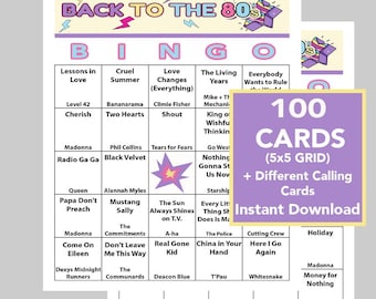80's Music Hits, 80's Party, 80's Birthday Bingo, Digital Download, Printable, 100 Different cards, 50 songs, Spotify Playlist Included