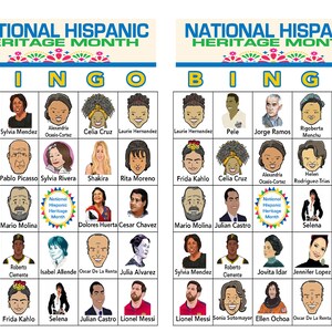 May include: A colorful bingo card with images of notable Hispanic people, including Sonia Sotomayor, Sylvia Mendez, Celia Cruz, Frida Kahlo, and more. The card is titled "National Hispanic Heritage Month".