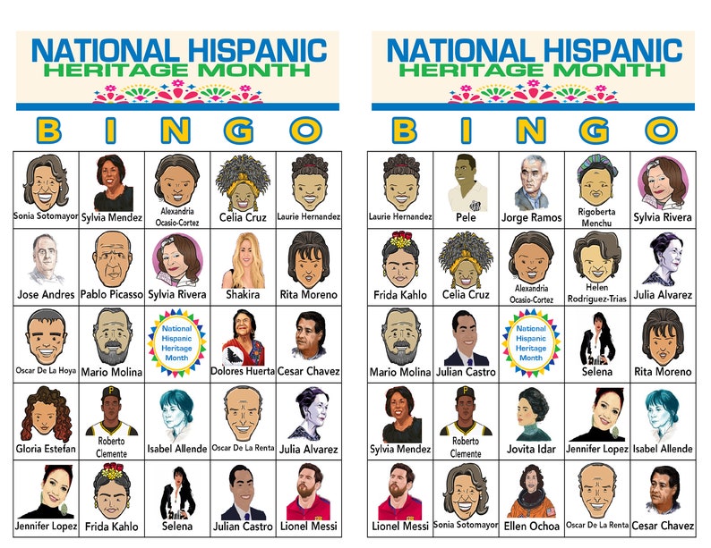 May include: A colorful bingo card with images of notable Hispanic people, including Sonia Sotomayor, Sylvia Mendez, Celia Cruz, Frida Kahlo, and more. The card is titled "National Hispanic Heritage Month".