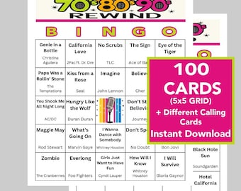 70s 80s 90s Music Bingo Game, 100 Cards, Party Games (Digital Download)