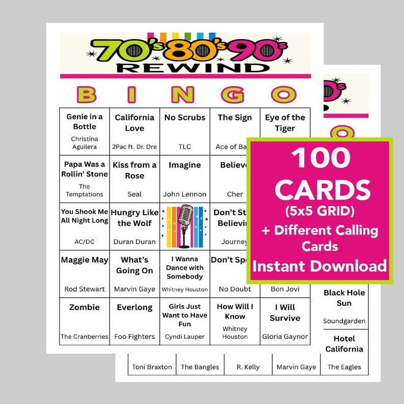 Pu&ograve; includere: Un gioco di bingo stampabile con un tema anni '70, '80 e '90. Le cartelle del bingo presentano titoli di canzoni di quei decenni. L'immagine include un quadrato rosa con il testo "100 CARTE (GRIGLIA 5x5) + Diverse carte di chiamata Download istantaneo."