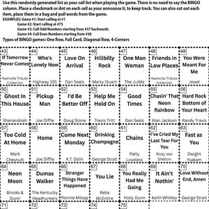 May include: A 90s Country Vol. 1 Bingo card with instructions. The card features a grid of squares with song titles and artist names, including "Neon Moon" and "You Lie". The call list and game instructions are at the top.
