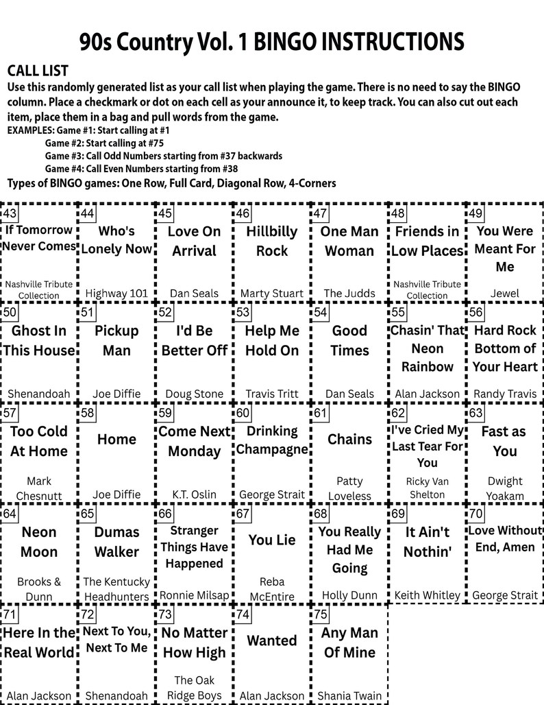 May include: A 90s Country Vol. 1 Bingo card with instructions. The card features a grid of squares with song titles and artist names, including "Neon Moon" and "You Lie". The call list and game instructions are at the top.