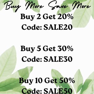 May include: Green leaves frame a white background with text that reads "Buy More Save More" and lists discount codes for buying 2, 5, or 10 items. The codes are SALE20, SALE30, and SALE50, respectively.