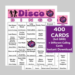 DISCO, DISCO Musik Hits, DISCO Party, Tanz Bingo, Sofortiger digitaler Download, Bingo Spiele, Druckbare Spiele, 400 verschiedene Bingokarten