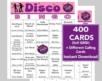 DISCO, Éxitos musicales DISCO, Fiesta DISCO, Bingo bailable, Descarga digital instantánea, Juegos de bingo, Juegos imprimibles, 400 cartones de bingo diferentes