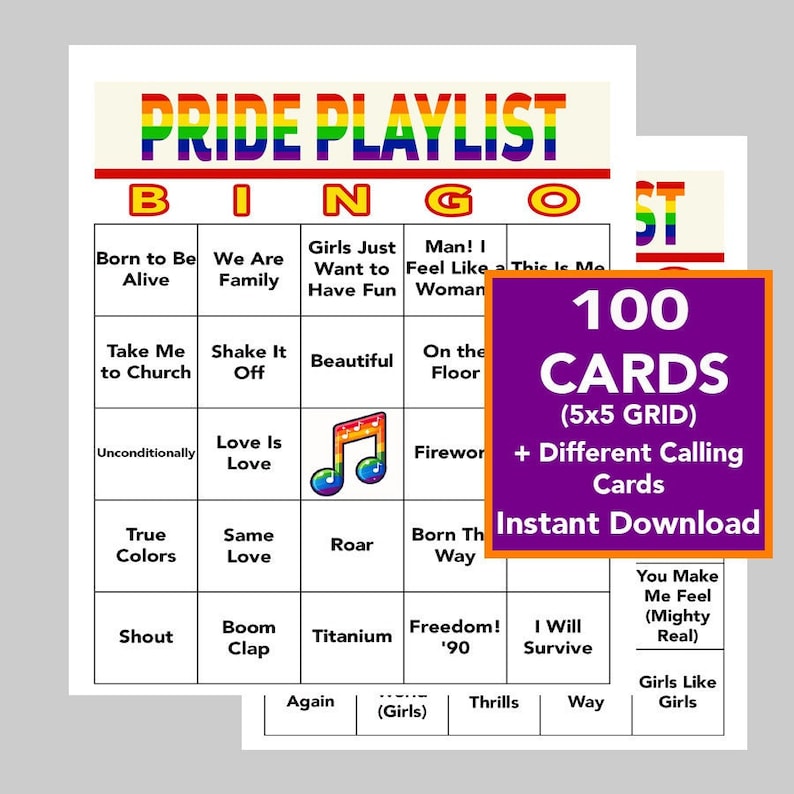 May include: A Pride Playlist Bingo game with a rainbow-colored title. The bingo cards feature song titles and a purple square with the text "100 CARDS (5x5 GRID) + Different Calling Cards Instant Download."