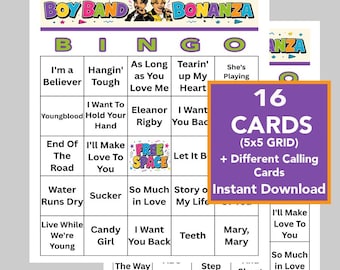 Boy Band Music Hits Party Bingo Game | Printable Music Bingo | Instant Download | Group Party Game, 16 Different Cards, Music Playlist Incl