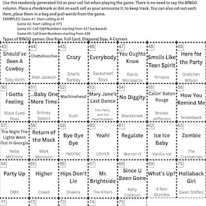 K&ouml;nnte beinhalten: Eine Bingo-Karte mit Songs der 90er und 2000er Jahre mit Anweisungen und einer Anrufliste. Die Karte zeigt ein Raster mit Songtiteln und K&uuml;nstlernamen, darunter Hits wie "Crazy" und "Mr. Brightside".