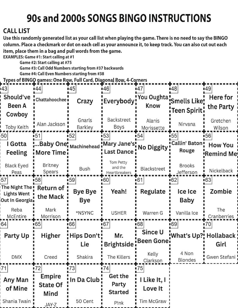 K&ouml;nnte beinhalten: Eine Bingo-Karte mit Songs der 90er und 2000er Jahre mit Anweisungen und einer Anrufliste. Die Karte zeigt ein Raster mit Songtiteln und K&uuml;nstlernamen, darunter Hits wie "Crazy" und "Mr. Brightside".
