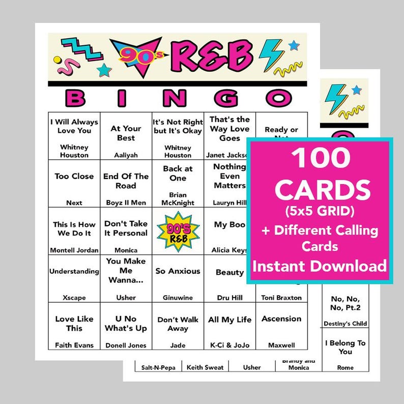 Pu&ograve; includere: Una scheda di bingo rosa e nera con un tema R&B degli anni '90. La scheda presenta titoli di canzoni e artisti degli anni '90, tra cui "I Will Always Love You" di Whitney Houston, "End of the Road" di Boyz II Men e "No, No, No" di Destiny's Child. La scheda fa parte di un set di 100 schede.