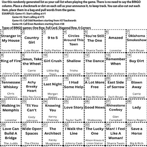K&ouml;nnte beinhalten: Eine schwarz-wei&szlig;e Country Hits Bingo-Karte mit Anweisungen und einer Anrufliste. Die Bingokarte zeigt Songtitel und K&uuml;nstlernamen, perfekt f&uuml;r einen Spieleabend zum Thema Country-Musik.