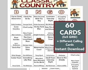 Country Music Hits, Classic Country Music, Music Bingo, Instant Digital Download, 60 Different Bingo cards, Spotify Playlist included