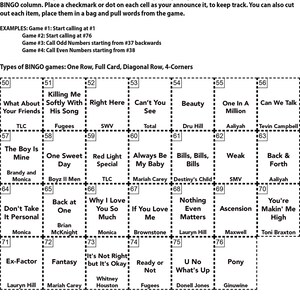 Puede incluir: Una tarjeta de bingo en blanco y negro con una lista de canciones de R&B de los 90. La tarjeta est&aacute; dividida en una cuadr&iacute;cula de 7x7 con cada cuadrado que contiene un t&iacute;tulo de canci&oacute;n y un artista. La tarjeta est&aacute; titulada "Instrucciones de Bingo de R&B de los 90".