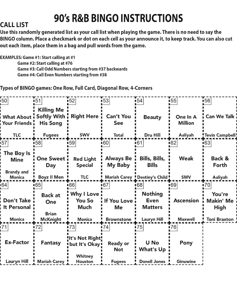 Puede incluir: Una tarjeta de bingo en blanco y negro con una lista de canciones de R&B de los 90. La tarjeta est&aacute; dividida en una cuadr&iacute;cula de 7x7 con cada cuadrado que contiene un t&iacute;tulo de canci&oacute;n y un artista. La tarjeta est&aacute; titulada "Instrucciones de Bingo de R&B de los 90".