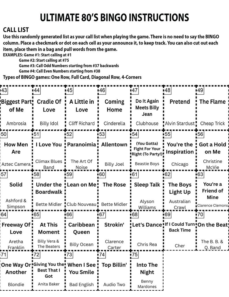 以下が含まれることがあります： 「ULTIMATE 80'S BINGO INSTRUCTIONS」というタイトルの白黒のビンゴカード。コールリスト、ゲームの例、さまざまな種類のビンゴゲームが含まれています。グリッドには曲名とアーティスト名が記載されています。