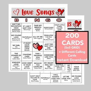 Love Songs, Love Song Bingo, Valentine&#39;s Day, Music Party, Digital Download, Bingo Games, Printable Games, 200 Bingo cards, Spotify Playlist