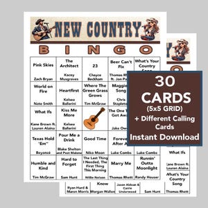 Música country, jogo de bingo de sucessos country, festa de música country, download digital, jogos de bingo, 30 cartões de bingo diferentes, lista de reprodução do Spotify