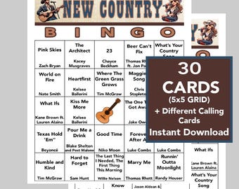 Música country, juego de bingo de éxitos country, fiesta de música country, descarga digital, juegos de bingo, 30 tarjetas de bingo diferentes, lista de reproducción de Spotify