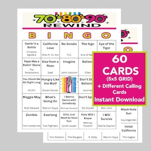 May include: A bingo game set with a retro theme, featuring a colorful design with the text "70's 80's 90's Rewind." The set includes 60 cards with a 5x5 grid and different calling cards. The bingo cards feature song titles.