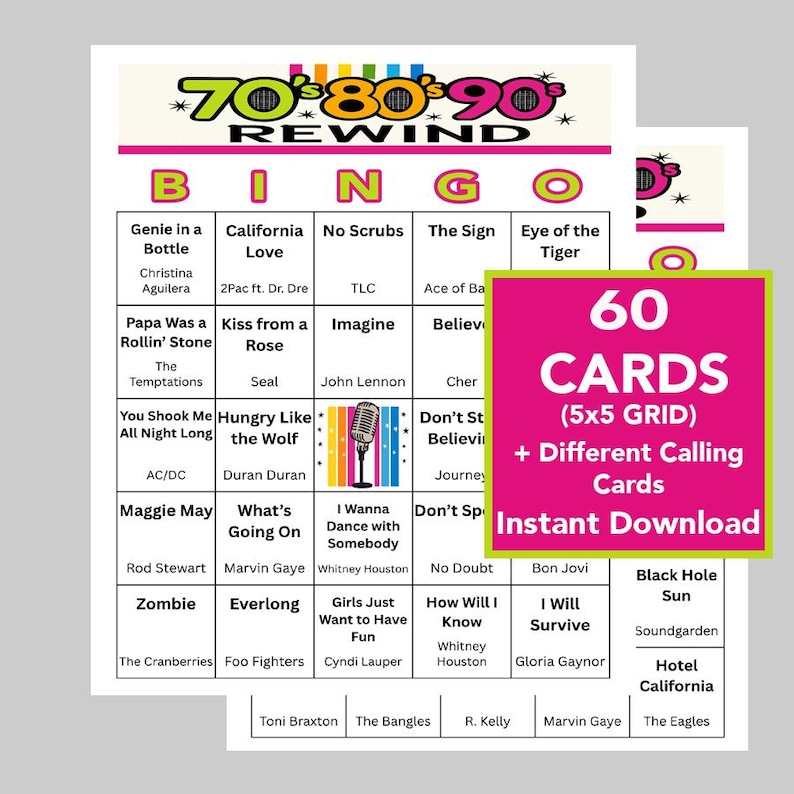 May include: A bingo game set with a retro theme, featuring a colorful design with the text "70's 80's 90's Rewind." The set includes 60 cards with a 5x5 grid and different calling cards. The bingo cards feature song titles.