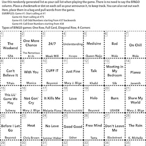 May include: A black and white bingo card with a grid of 25 squares. Each square contains a song title or artist name related to R&B and soul music. The card is titled "R&B Soul Music Bingo Instructions".