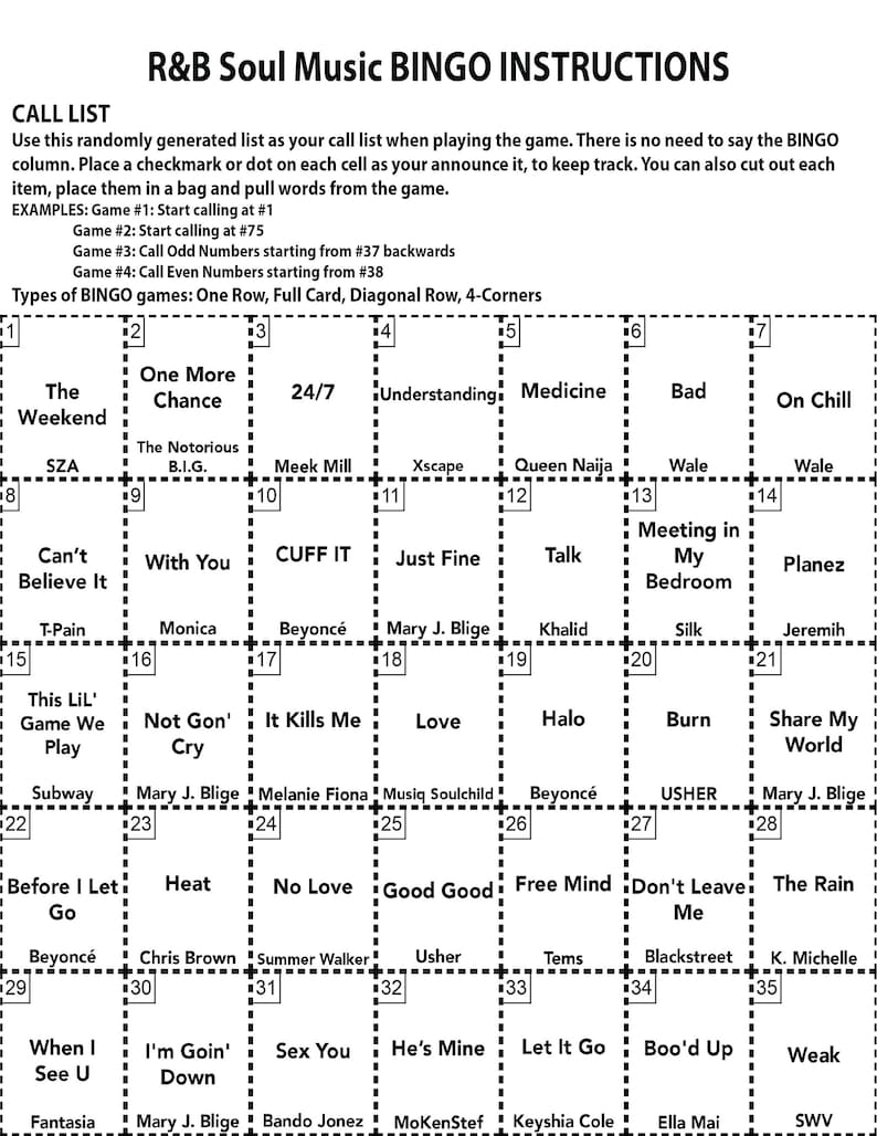 May include: A black and white bingo card with a grid of 25 squares. Each square contains a song title or artist name related to R&B and soul music. The card is titled "R&B Soul Music Bingo Instructions".