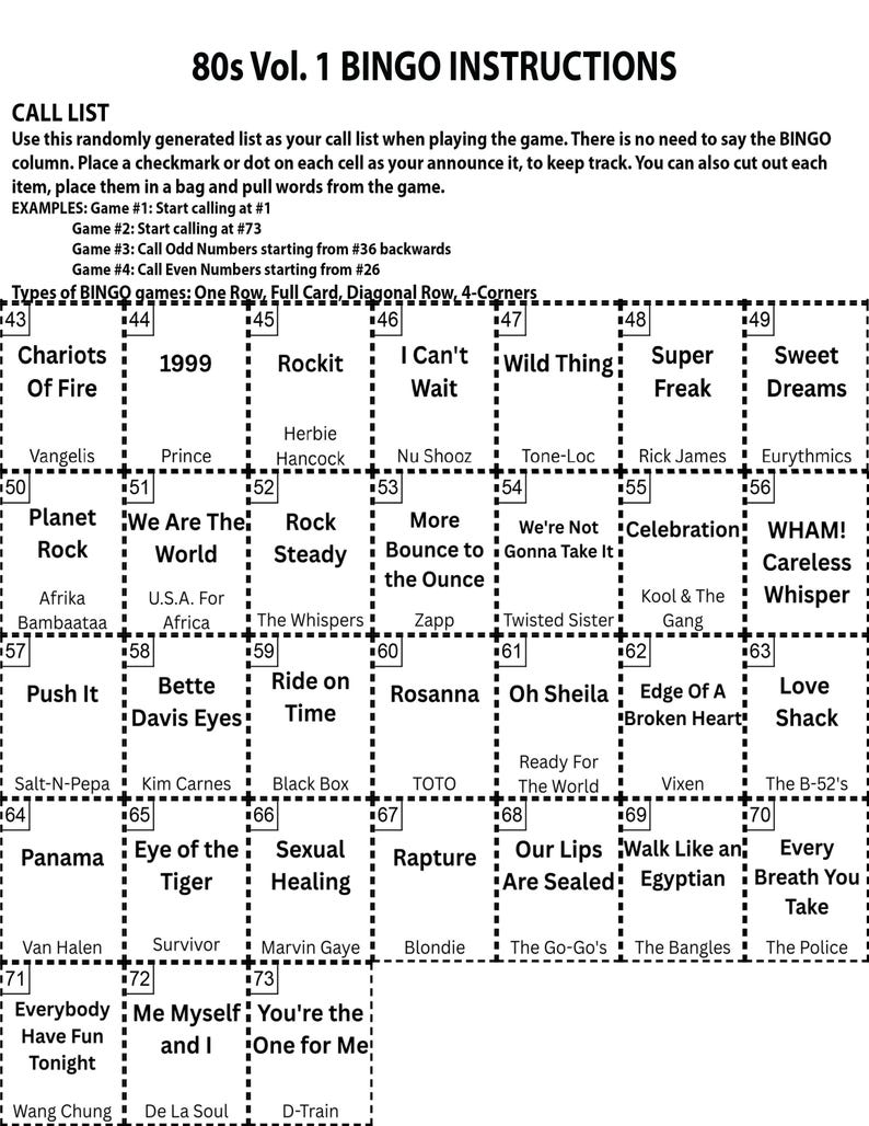 Puede incluir: Una tarjeta de bingo en blanco y negro titulada "80s Vol. 1 BINGO INSTRUCTIONS". La tarjeta presenta una lista de llamadas con t&iacute;tulos de canciones de los a&ntilde;os 80 en formato de cuadr&iacute;cula, como "Chariots Of Fire" y "Blondie".