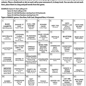 May include: A bingo card with a list of popular songs, including "Bad Habits" by Ed Sheeran, "Shake It Off" by Taylor Swift, and "Call Me Maybe" by Carly Rae Jepsen. The card is divided into a 5x5 grid with each square containing a song title.