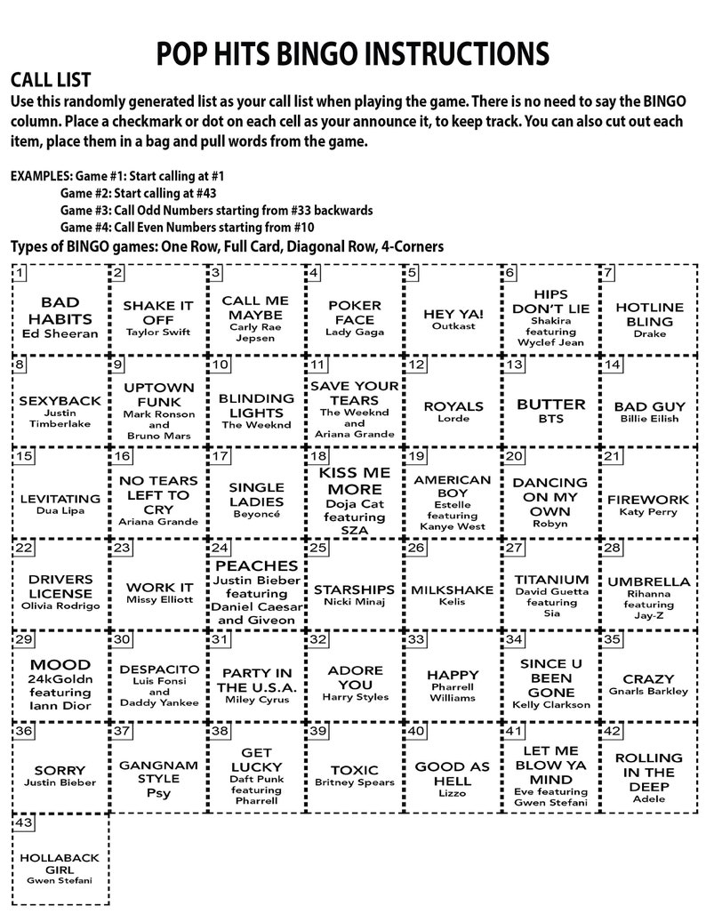 May include: A bingo card with a list of popular songs, including "Bad Habits" by Ed Sheeran, "Shake It Off" by Taylor Swift, and "Call Me Maybe" by Carly Rae Jepsen. The card is divided into a 5x5 grid with each square containing a song title.
