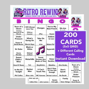 Años 70, 80, 90, Música, Cumpleaños musical, Retro, Bingo musical, Descarga digital instantánea, 200 cartones de bingo diferentes, Lista de reproducción de Spotify, 75 canciones