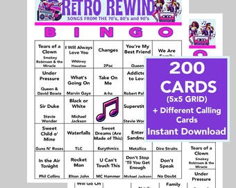 70's, 80's, 90's, Music, Music Birthday, Retro, Music Bingo, Instant Digital Download, 200 Different Bingo cards, Spotify Playlist, 75 Songs